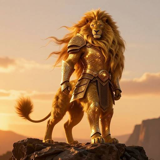 Digital artwork of a majestic, gold-armored lion standing on a rock at sunset, with a fierce expression and flowing mane.