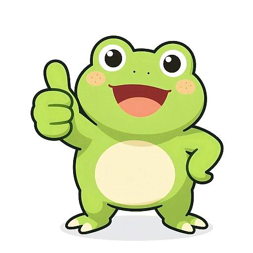 Cartoon green frog with large eyes, pink cheeks, and a white belly, giving a thumbs-up with a happy open mouth.