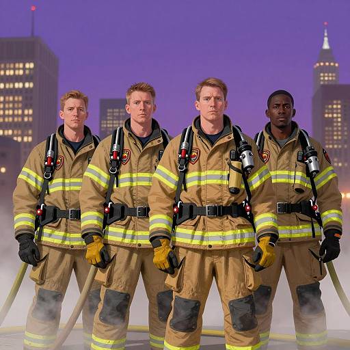 Firefighters Standing in a Row at Night