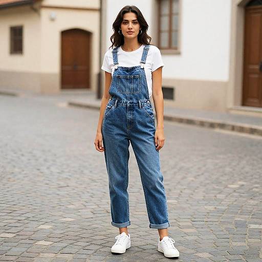 Woman in Jean Overalls on Street