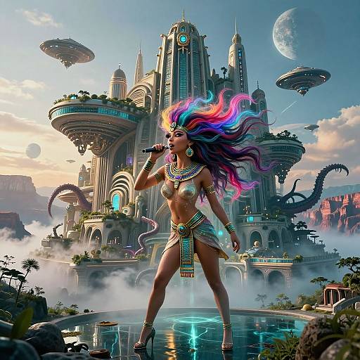 Digitally illustrated fantasy scene: fierce, colorful-haired woman in tribal attire stands confidently in front of futuristic, moonlit cityscape with floating ships and towering