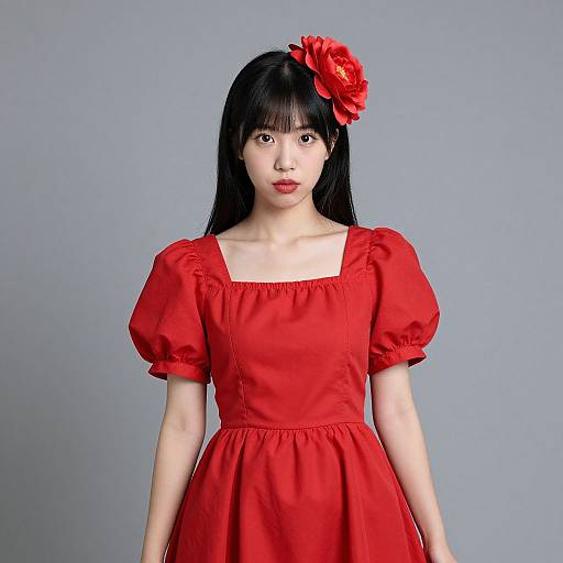 Photograph of an Asian woman with long black hair, wearing a bright red dress with puffed sleeves and a red flower in her hair, standing against