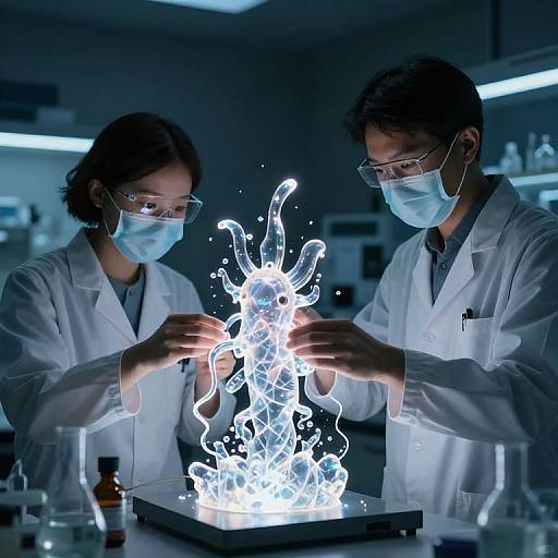 Photograph of two scientists in white lab coats and masks, creating a glowing, blue plasma-like substance in a dimly lit laboratory.