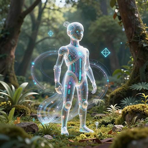 Digital CGI of a glowing, futuristic humanoid figure with neon blue circuits standing in a lush, sunlit forest. Ethereal blue symbols float around.