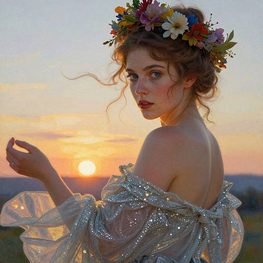 Photograph of a fair-skinned, freckled woman with curly brown hair, wearing a floral crown, silver off-shoulder gown, and