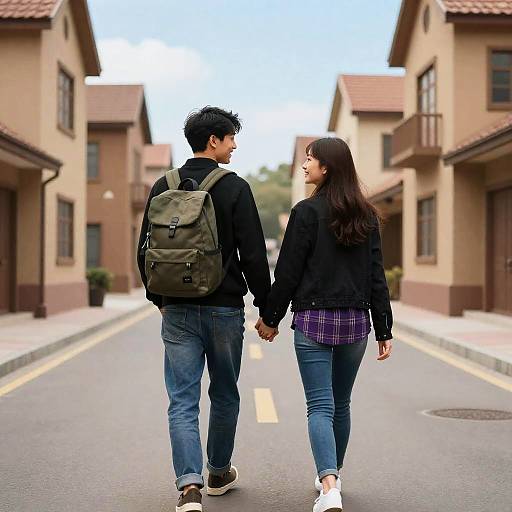 Photograph of an Asian couple holding hands, walking down a suburban street lined with tan houses, the man with a green backpack and black jacket, the