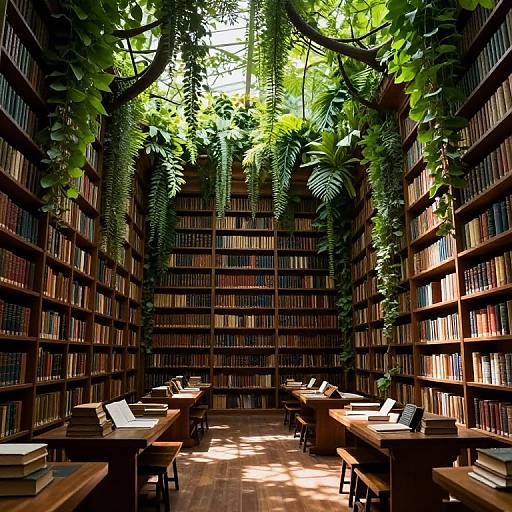 Ethereal Library with Lush Greenery