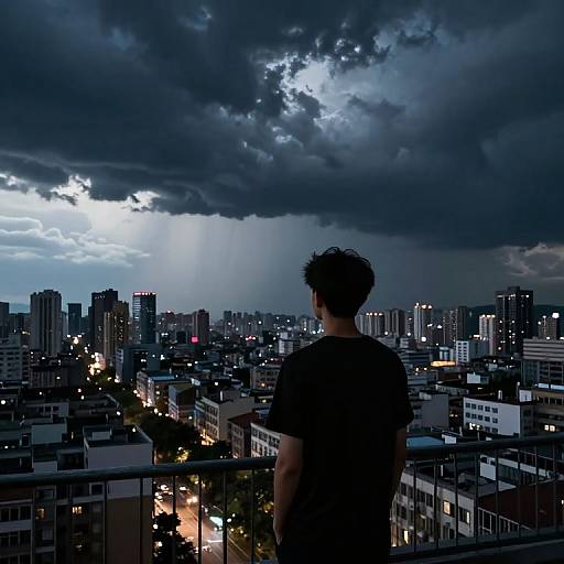 Photograph of a man with short, dark hair, in a black t-shirt, standing on a balcony, overlooking a cityscape under a dramatic,
