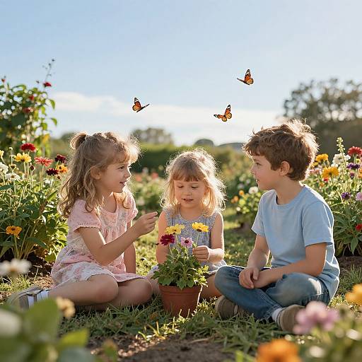 Photograph of two children, a blonde girl in a pink dress and a brown-haired boy in a blue shirt, sitting in a colorful flower garden,