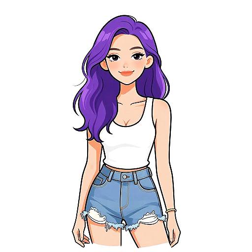 Digital anime-style illustration of a smiling woman with long purple hair, wearing a white tank top and frayed blue denim shorts.