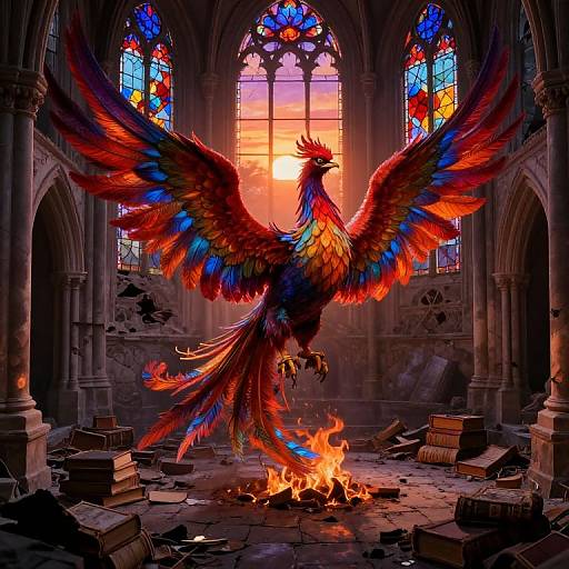 Digital art of a vibrant, fiery phoenix with multicolored feathers standing over a burning fire in a Gothic cathedral with stained glass windows.
