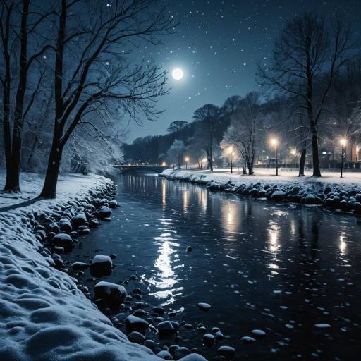 Serene Winter Twilight by Moonlit River Serene Winter Twilight by Moonlit River