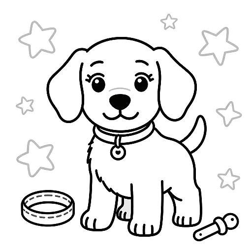 Black and white cartoon drawing of a cute, smiling puppy with a collar, sitting next to a bowl and surrounded by stars.
