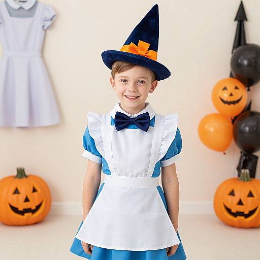 Photograph of a smiling young boy in a blue and white witch costume with a black hat and orange bow, surrounded by carved pumpkins and Halloween decorations