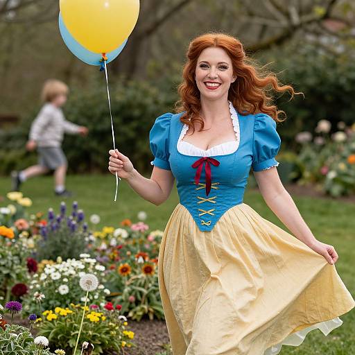 Photograph of a smiling red-haired woman in a blue and yellow Disney Snow White costume holding a yellow balloon, standing in a colorful garden with a blurred