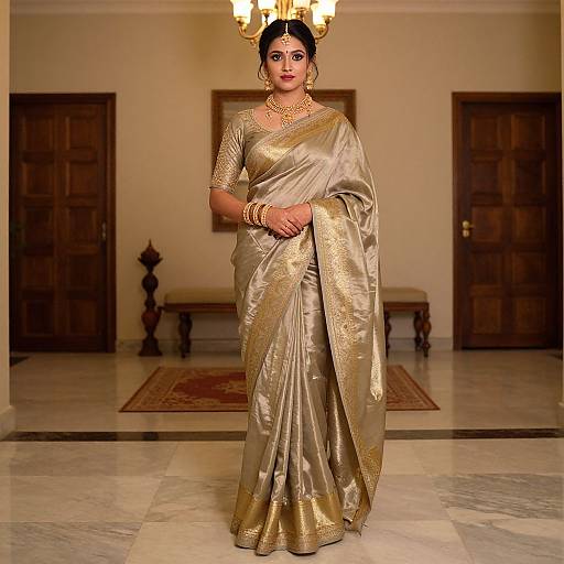 Photograph of an Indian woman in a gold silk saree with intricate patterns, wearing gold jewelry, standing in a luxurious, warmly lit room with marble