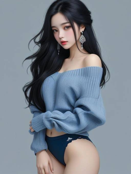 Young Woman in Blue Sweater and Underwear
