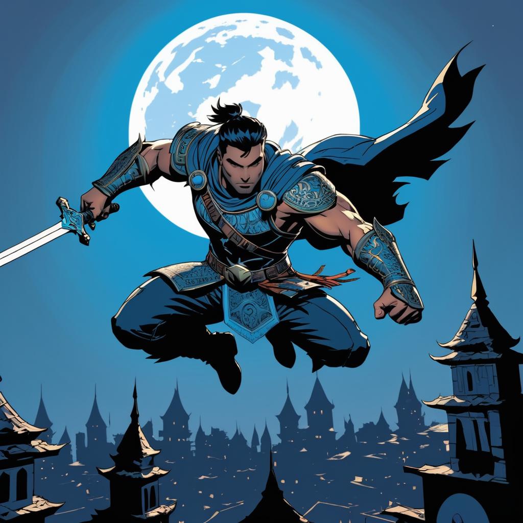 Fierce Warrior in Moonlit Rooftop Leap