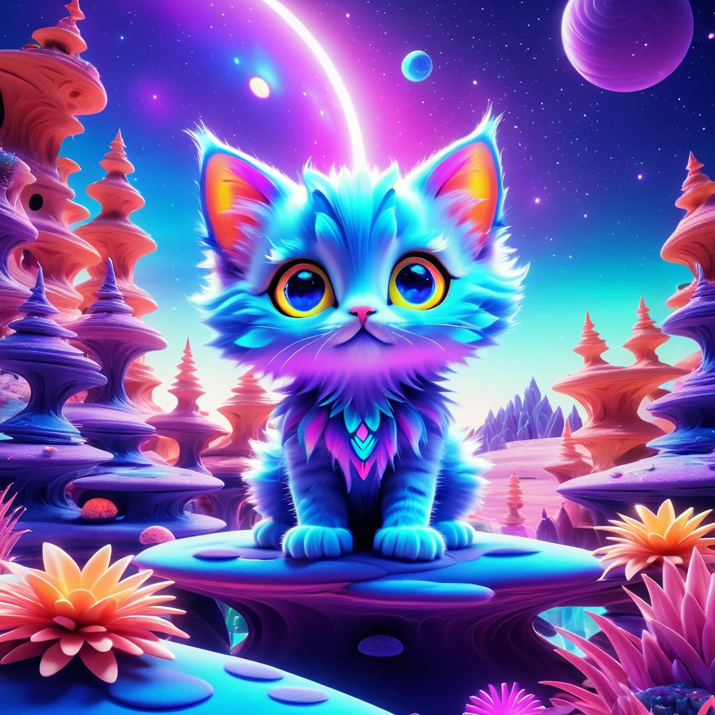 Whimsical Alien Kitten in Surreal Landscape