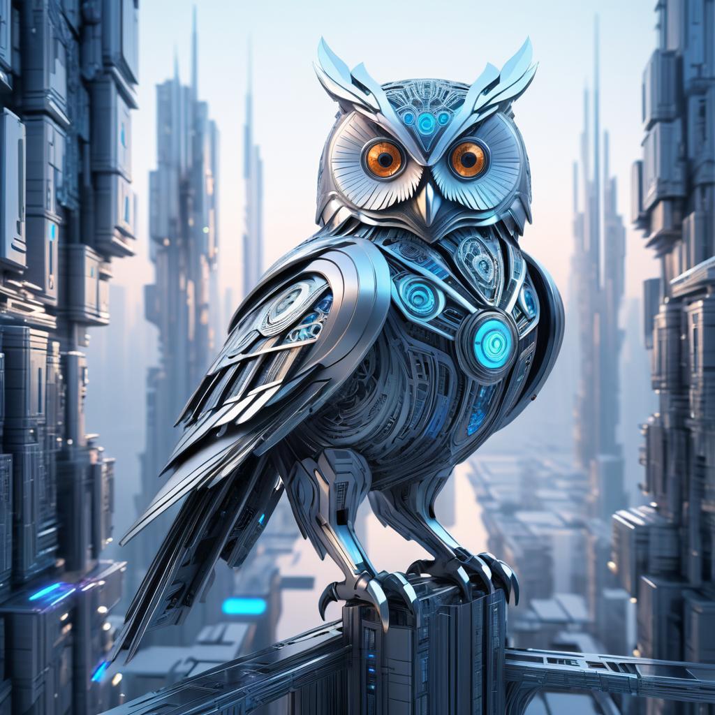 Cybernetic Owl in a Cyberpunk City