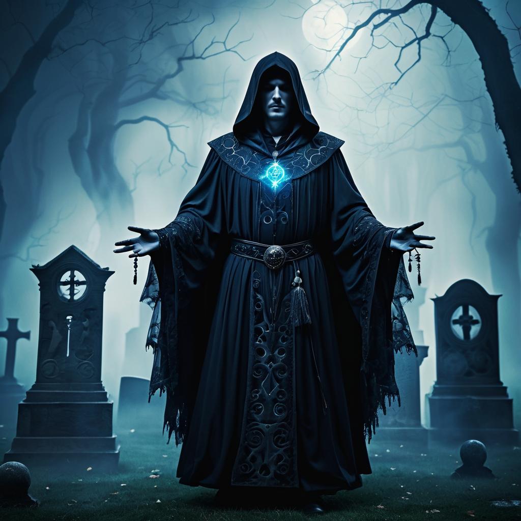 Eerie Male Necromancer in Graveyard