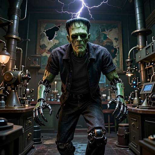 Photorealistic digital art of a cybernetic Frankenstein's monster with glowing green skin, metallic arms, and legs, standing in a dimly