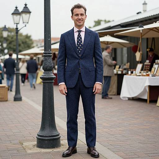 Photograph of a smiling man in a navy blue pinstripe suit, white shirt, and black polka dot tie, standing on a cobble