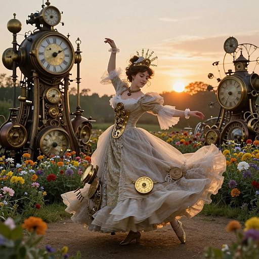Photograph of a Victorian-era woman in a flowing, ornate dress, dancing among large, steampunk clock towers in a colorful garden at sunset