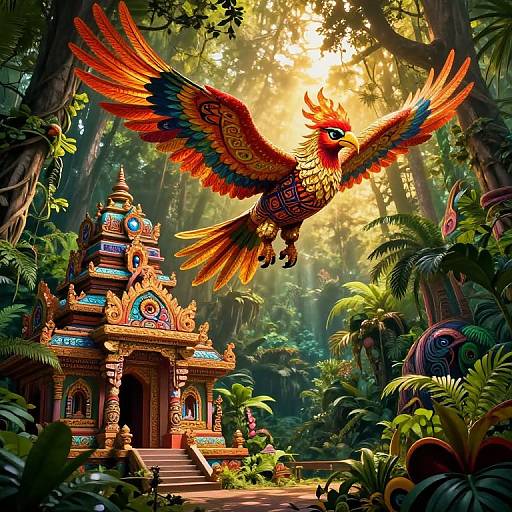 Digital art of a vibrant, multicolored phoenix soaring over a colorful, ornate Hindu temple in a lush, sunlit jungle.