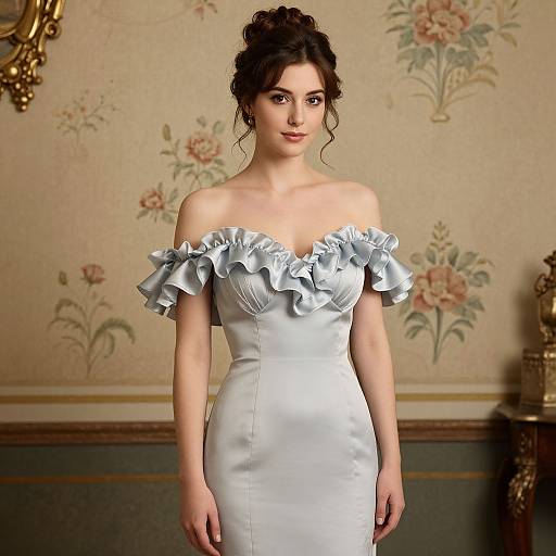 Photograph of a young woman with fair skin and dark, wavy hair in an updo, wearing an off-shoulder, silver satin dress