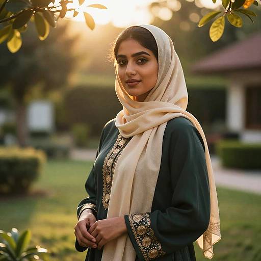 Photograph of a young South Asian woman with medium brown skin and dark hair, wearing a cream hijab and dark green kurta with gold embroidery,