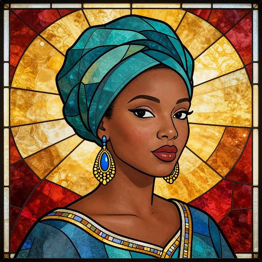 Stylized digital artwork of a dark-skinned woman with a blue headwrap, golden earrings, and red lipstick, set against a vibrant stained glass