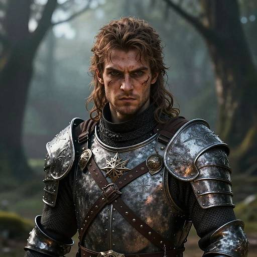 Photorealistic CGI of a stern, long-haired, bearded man in medieval silver armor with a star emblem, standing in a misty forest.