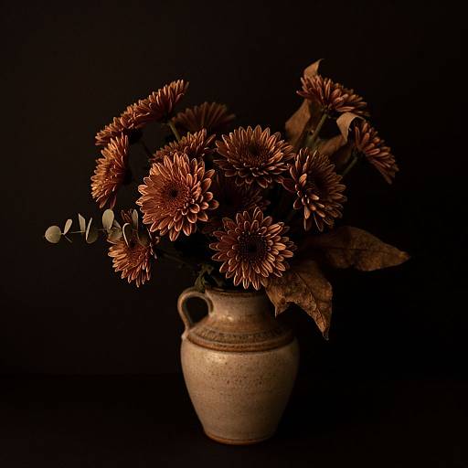 Photograph of a rustic ceramic vase filled with dark brown, textured chrysanthemums and dried leaves, set against a black background.