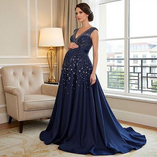 Photograph of a pregnant woman in a deep blue, sleeveless, sparkling evening gown standing in an elegant, sunlit room with beige armchair and