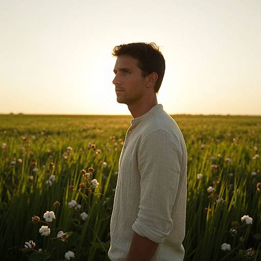 Photograph of a young man with short dark hair, wearing a white long-sleeved shirt, standing in a sunlit field of green grass and