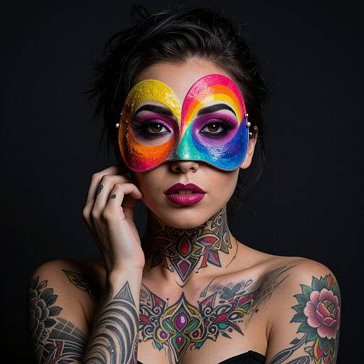 Photograph of a tattooed woman with colorful, rainbow mask, dark hair, purple lipstick, touching her face, against black background.