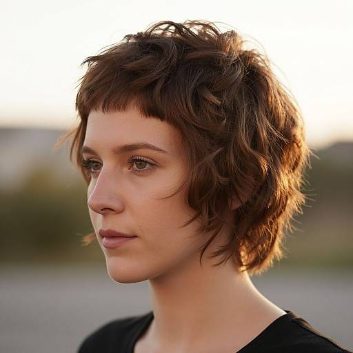 Photograph of a young woman with short, tousled brown hair, light skin, and neutral expression, wearing a black top, against a blurred outdoor