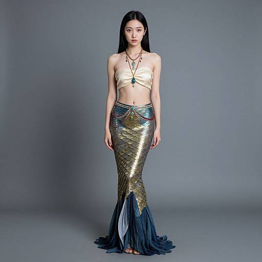 Asian woman with long black hair, wearing a gold and blue metallic mermaid-style crop top and skirt, standing against a gray background. Photographic image