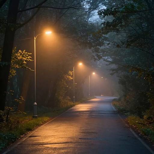 Misty Forest Path with Streetlamps