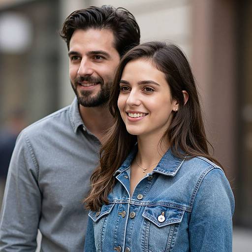Photograph of a smiling couple with light brown hair, wearing denim shirts, standing close together outdoors with a blurred urban background.