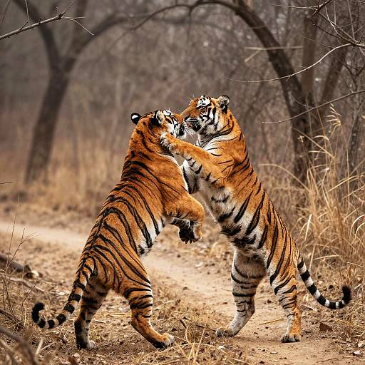 Two Tigers Fighting in Forest