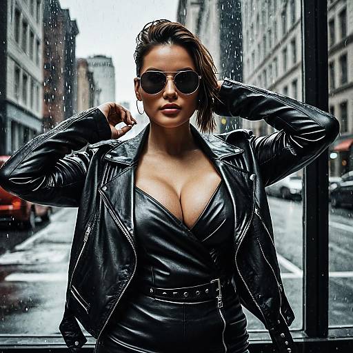 Woman in Black Leather Jacket and Sunglasses