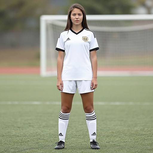 Photograph of a young woman with long brown hair, wearing a white soccer uniform with black trim, standing on a green field with a blurred soccer goal