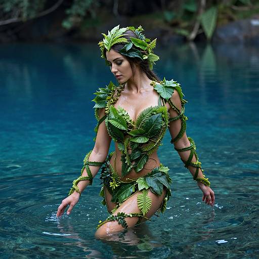 Photograph of a woman with wet brown hair, wearing a leafy green bikini made from ferns, kneeling in a blue, forested stream.