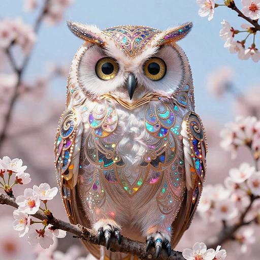 Mythic Cherry Blossom Owl Art Nouveau
