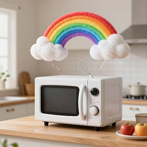 Photograph of a white microwave on a wooden kitchen counter with a rainbow and white clouds above, whisk in hand, apples and a bowl of fruit nearby