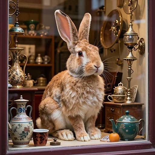 Photograph of a fluffy, brown rabbit sitting on a display window shelf with vintage teapots, cups, and ornate silverware in the background