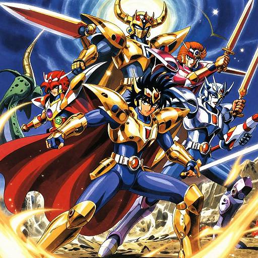 Dynamic anime-style illustration of five armored warriors with glowing swords and red capes, standing back-to-back under a full moon, surrounded by flames and a