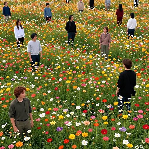 Photograph of a vibrant meadow with diverse people standing amidst colorful wildflowers, including red, yellow, white, and pink blooms.